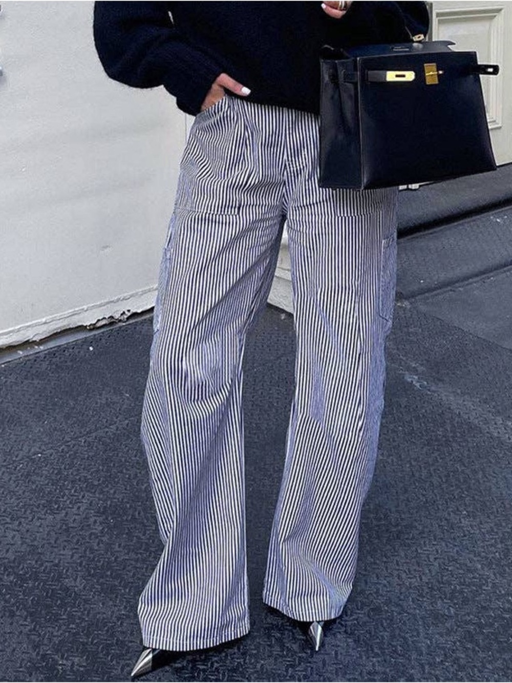 High-Waist Striped Wide-Leg Pants in Light Blue - Women